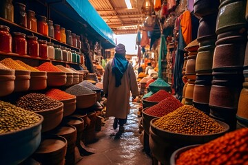 Sale of spices in the bazaar of Marrakesh, Morocco