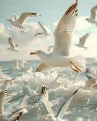 Fototapeta premium Painting of a Group of Seagulls Flying Over Water with Solid Color Background
