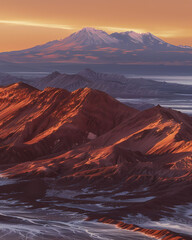 Colorful Sunset Landscape Painting: Aerial View of Atacama Desert Mountain Range with Vibrant Hues