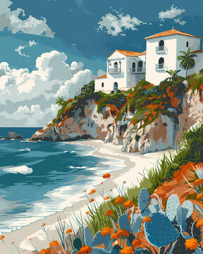 Vibrant Painting of House on Ocean Cliff in Puerto Rico, North America, Featuring Artistic Focus