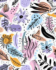 Boho Doodles Seamless Pattern with Colorful Flowers and Leaves in Pastel Hues