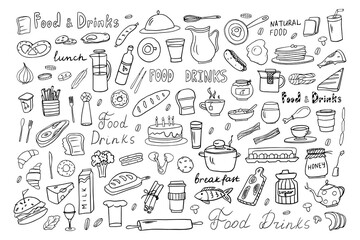Large set of food and drinks. Healthy food and fast food ingredients in doodle style with lettering in vector. Great for menu design, banners, sites, packaging. Vector illustration EPS10