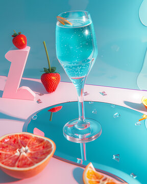 Isometric Angle Still Life: Modern Trendy Glass of Blue Drink with Dried Orange Slice, Strawberry on Pink Pedestal, and Vibrant Art Aspect