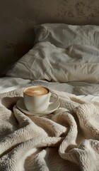 Fototapeta na wymiar Cup of Coffee on Bed