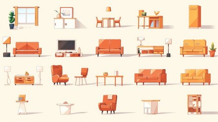 Essential Living Room Furniture Icon Set Basks in Warm Afternoon Sunshine