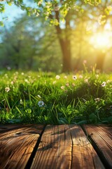 Wooden Deck With Grass and Flowers - obrazy, fototapety, plakaty