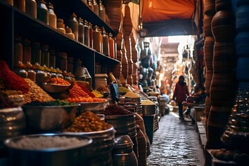 Bazaar in Marrakesh, Morocco, Africa. Panorama