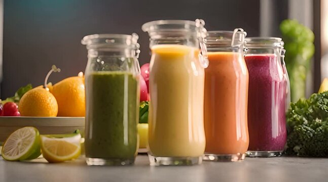 Fresh fruit and vegetable smoothies or juice in bottles with various ingredients