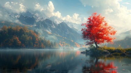 A red tree stands on the edge of a lake with mountains in the background. - Powered by Adobe