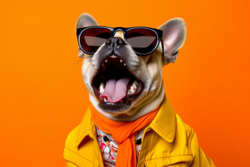 a dog with her mouth open in an orange shirt,