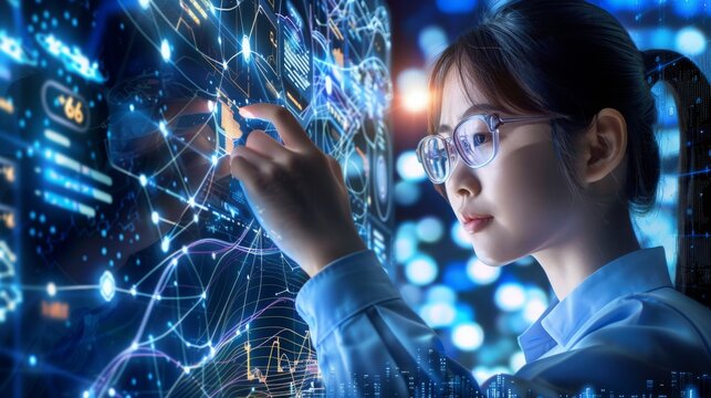 Futuristic poster banner collage of young lady millennial in cyberspace reality have fun in video game math challenge