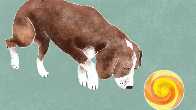 cute beagle dog playing with orange ball, hand drawn frame by frame rotoscope animation