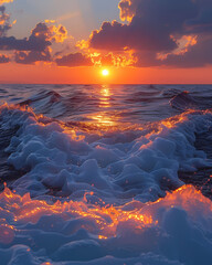 Sunset Sailing Seascape Painting: Vibrant Ocean Waves and Sailboat at Sunset