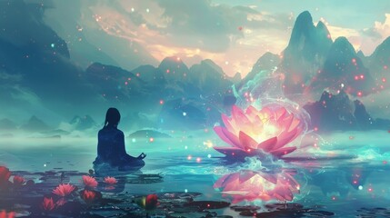 A digital art piece of an ethereal being meditating in front of the lotus flower, with vibrant colors and glowing energy emanating from it