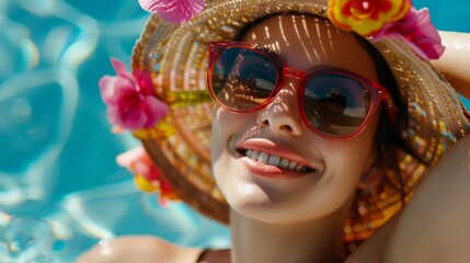 Portrait of sexy cheerful woman relaxing at the luxury poolside.  Girl at travel spa resort pool. Summer luxury vacation.  - obrazy, fototapety, plakaty