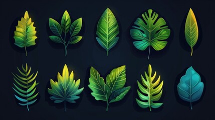 Fototapeta na wymiar Vibrant Green Gradient Icons Set Featuring Various Leaf Shapes
