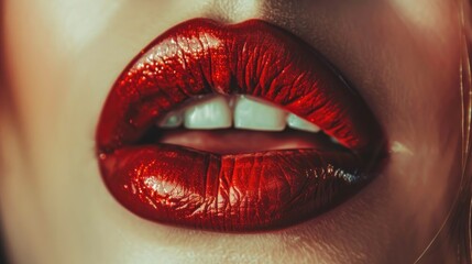 Fototapeta premium Close-up of luscious red lips slightly parted, showcasing a glamorous, shiny lipstick with a textured, metallic finish.