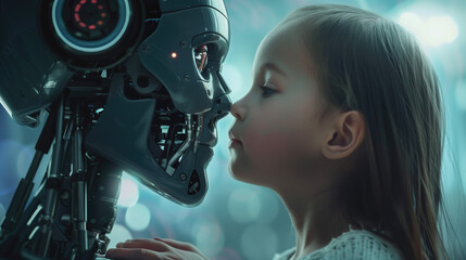 Cyborg de Inteligencia artificial IA manifestada en la robótica enfrentándose cara cara a un niño humano. Concepto sobre el avance de las tecnologías futuras.
