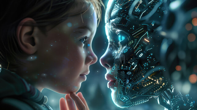 En encuentro con la inteligencia artificial cara a cara, ni&ntilde;o humano observando a un robot o cyborg.