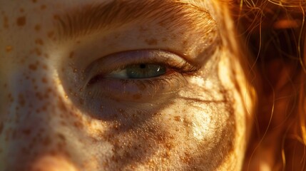 Close-up of a person's green eye and freckles, bathed in golden sunlight, highlighting the textures...