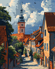 Poland, Europe - a vibrant street art painting with a focus on the art aspect, featuring a tower in the background
