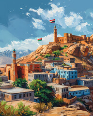 Afghanistan, South Asia - Colorful painting of a city on a mountain with a flag, showcasing the rich art and culture of the region.