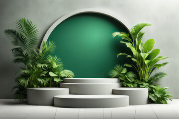 Tiered white stage podium with a green natural backdrop and aesthetic foliage for product promotion display media. Nature-themed information poster template
