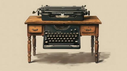 Vintage Typewriter on Wooden Desk Flat with Details
