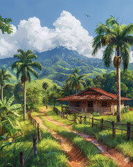 Colorful Tropical House Painting, Costa Rican Landscape, Vibrant Art
