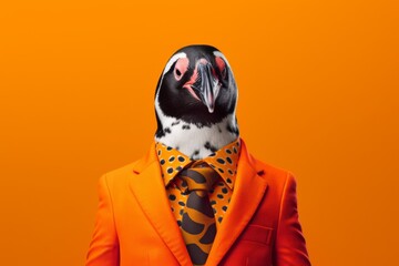 a happy penguin in an orange shirt, in the style of bold fashion photography