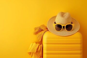 Yellow suitcase with sun glasses and hat on yellow background. Concept of travel
