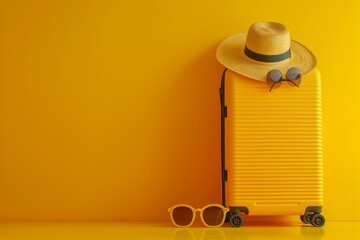 Yellow suitcase with sun glasses and hat on yellow background. Concept of travel