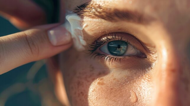 Close-up of a person applying sunscreen near their eye, focusing on skin protection under bright sunlight.