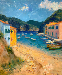 Vibrant Italian Seaside Fishing Village Painting: Colorful Houses, Azure Waters, Bustling Locals Under Warm Mediterranean Sun
