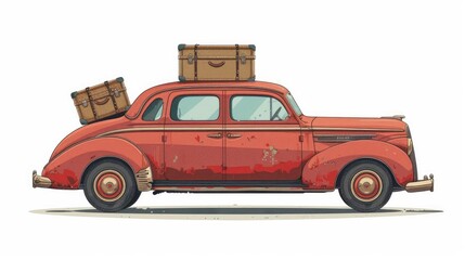 Vintage Travel Trunk Nestled in Classic Automobile A Flat Design Tale