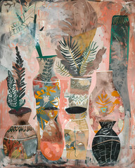 Abstract Vase Painting: Nature-inspired Bloomsbury Group Composition in Pink, Brown, Green, and Orange