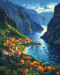 Peruvian Village Art: Colorful Painting Depicting Andean Village by Water, South America