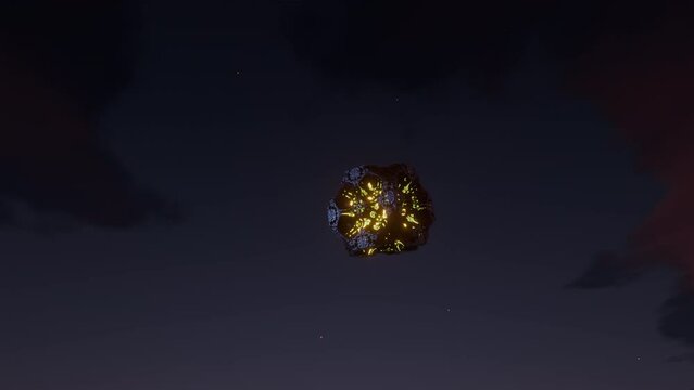 Alien fractal spacecraft making a visit and disappearing, 3d seamless loop