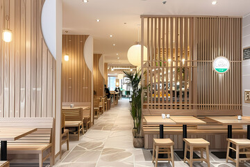 Modern Restaurant Interior with Light Wood Accents, Wall Art, White Ceiling, Modern Lighting, and Bright Ambiance