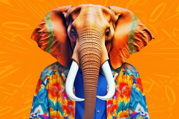 a happy elephant in an orange shirt, in the style of bold fashion photography