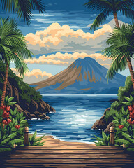 Art Painting, Beach, Colorful, Costa Rica, Landscape, Mountain, Nature, North America, Painting, Trees, Vibrant, Wall Art