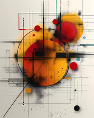 Mid-Century Modern Futuristic AI Artwork: A Colorful Geometric History in Abstract Circles and Lines - obrazy, fototapety, plakaty