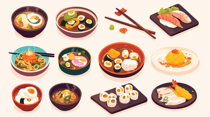 Collection of hand drawn dishes of Asian cuisine is