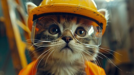 Cat in construction gear. Building site cat with hard hat and safety glasses - 791164552