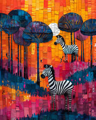 African Art Painting: Vibrant Pastel Canvas with Zebra and Tree Motif