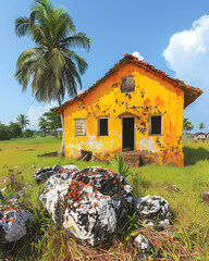 Yellow House in Guinea-Bissau Field with Rocks and Palm Trees - Vibrant Painting Art Print