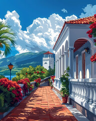 Colorful Art Painting of a Building with Balcony in Montserrat, North America with Mountain View