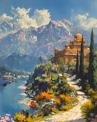 Painting from India, South Asia featuring building on hillside near waterbody, highlighting artistic details