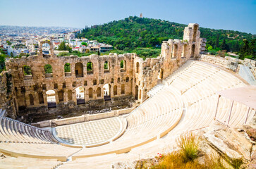 Panoramic view of Odeon of Herodes Atticus below the Acropolis, Athens, capital of Greece. - 791164737