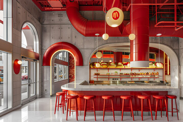 Contemporary Fast-Food Restaurant Interior Design Featuring Vibrant Red and White Color Scheme and Prominent Artwork